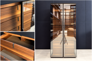 Tall glass display cabinet with open display shelves and wood drawers below