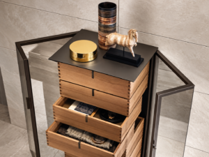 Wing-opening aluminium glass cabinet doors with wood drawers and top display surface