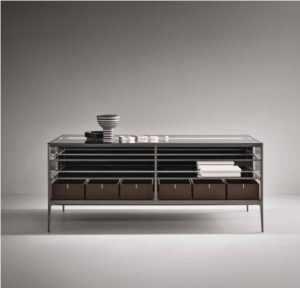 Aluminium glass storage cabinet with shelves, drawers, and organized compartments